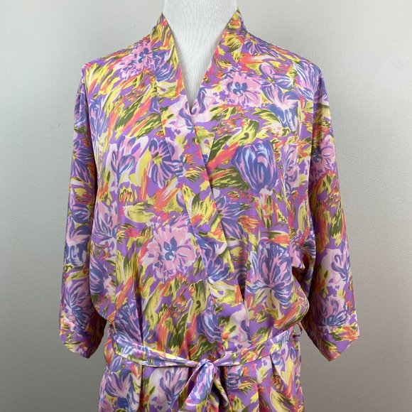 The Lingerie‎ Collection Robe Large Purple Multicolor Floral 3/4 Kimono Sleeve - Picture 2 of 10